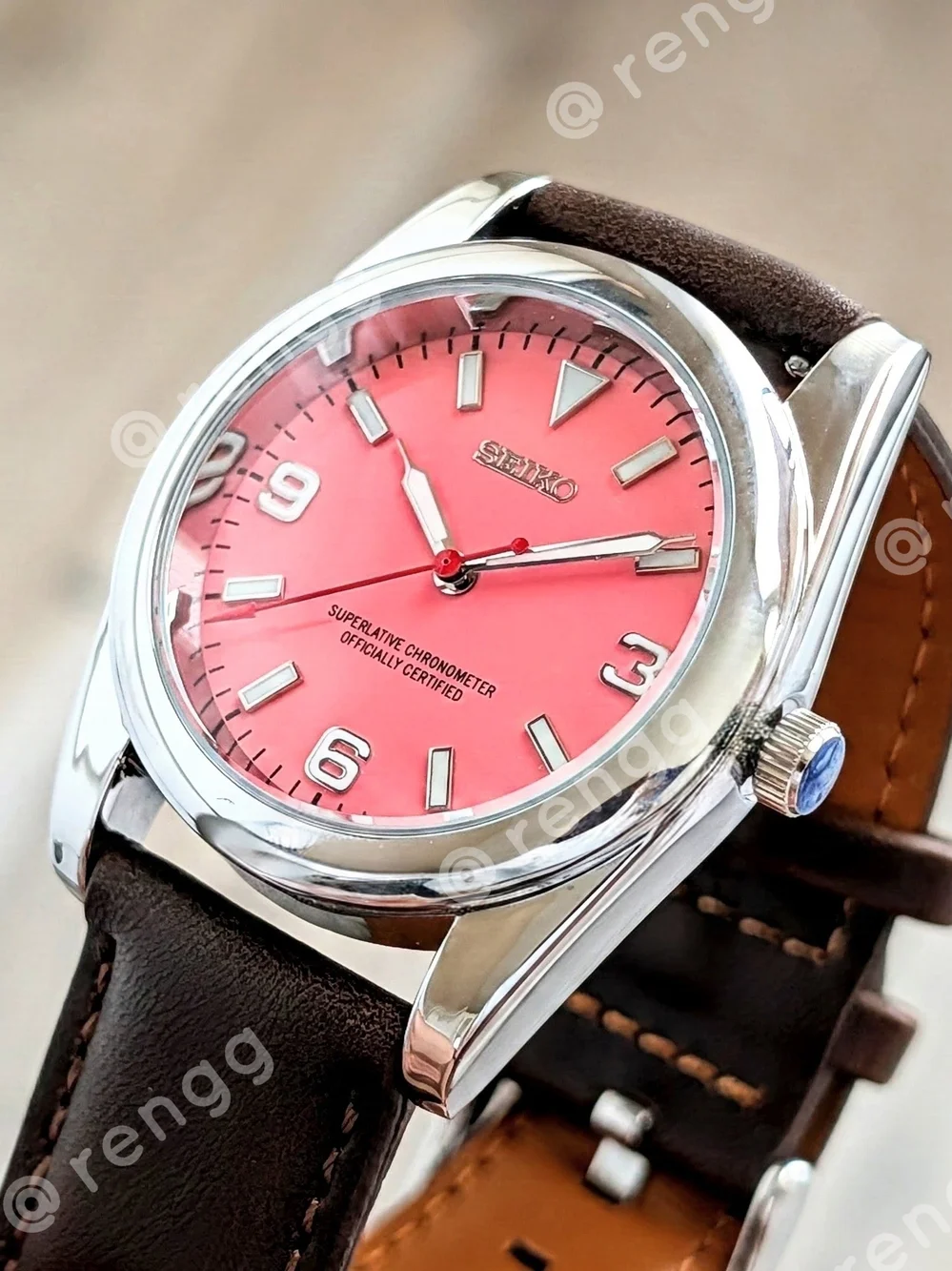 37mm Seiko Pink Dial Stainless Dress watch Mod Smooth Sweep Second